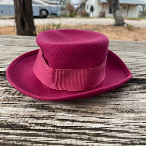 Vintage Nordstrom Magenta Wool Hat | Italy 90s Blossom Style Bow Boater Pork Pie - Picture 11 of 11